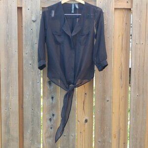 FUN & FLIRT Sheer Black Blouse with Tie Waist Women's Size Medium